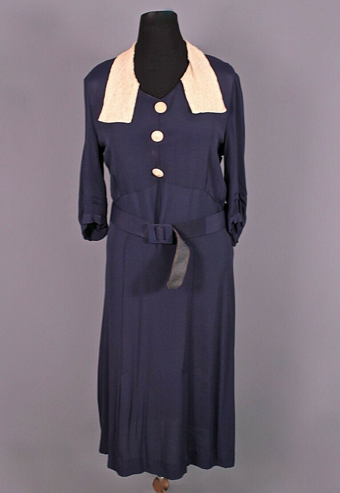 VTG Women’s 20s Navy Blue Rayon Dress Sz L 1920s