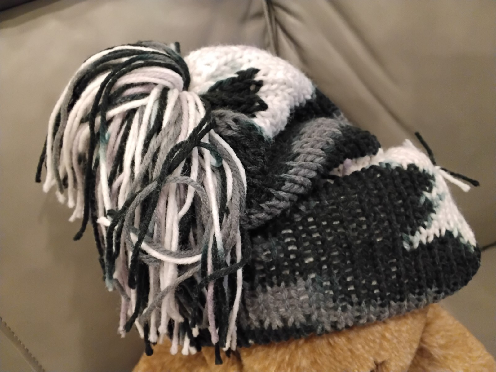 Winter Hat Two Layer Beanie Slouch Hat Black, Gray, White Large (L)