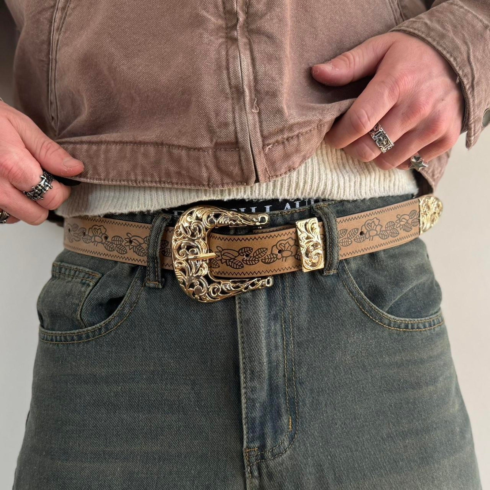 vintage style brown and gold engraved western simple design belt