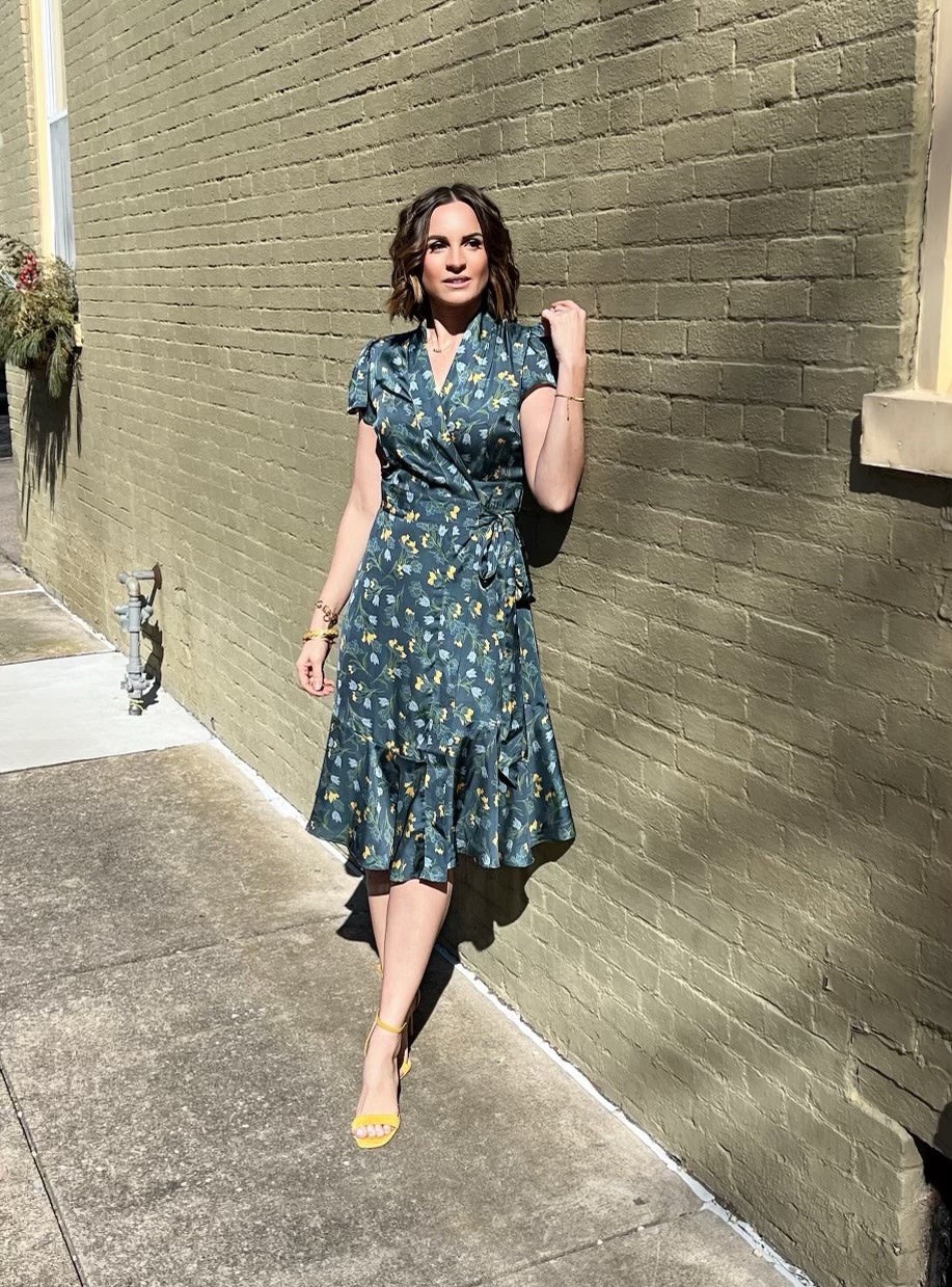 JoFlower Margaret Wrap Dress Midi Small Gray Floral Pattern New With Tags $198