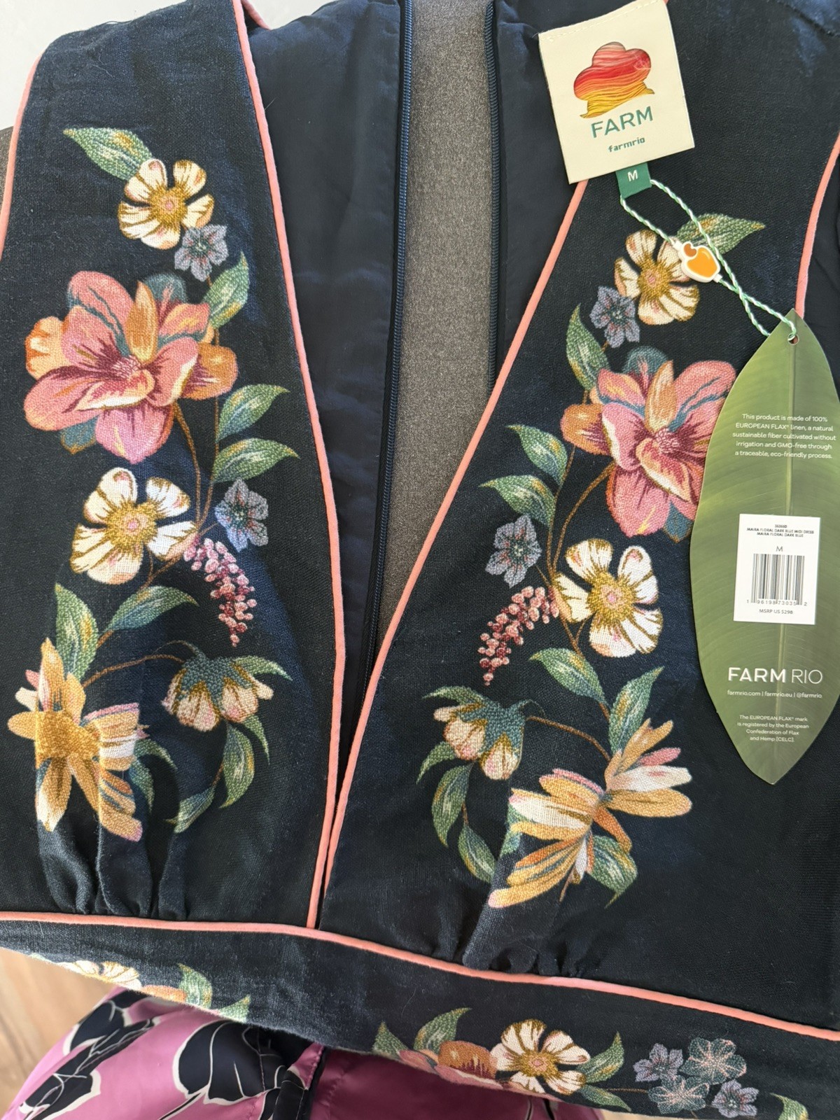 NWT AUTH FARM RIO Dark Blue Maira Floral Premium Linen Midi Dress Sz MEDIUM M