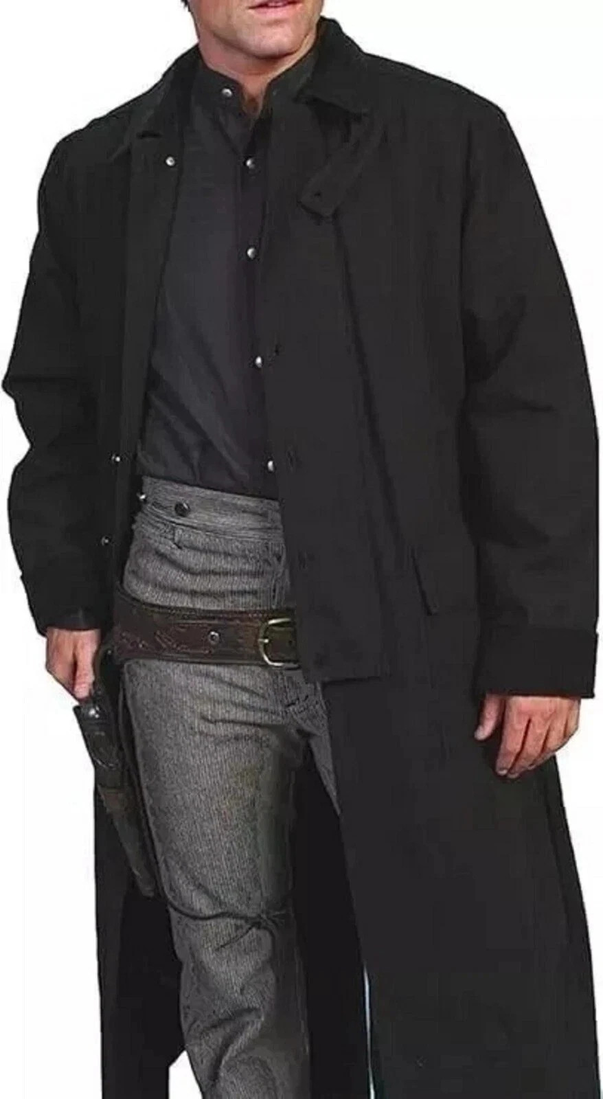 Mens Black Western Duster Coat Full-Length Classic Café Biker Cotton Trench Coat