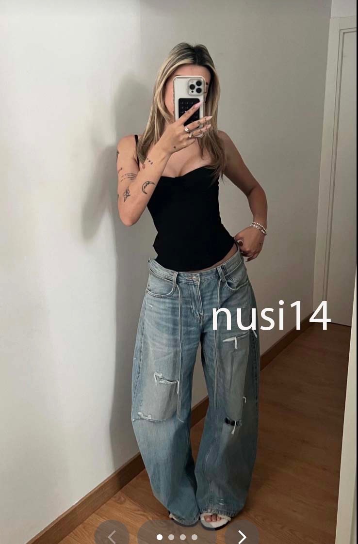 ZARA NEW WOMAN TRF MID-RISE RIPPED BAGGY JEANS PANT LIGHT BLUE 4730/041/406