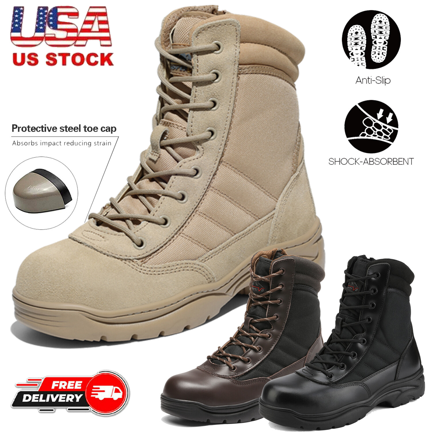 Men’s Steel Toe Work Boots Safety Military Combat Work Shoes US Size 6.5-15