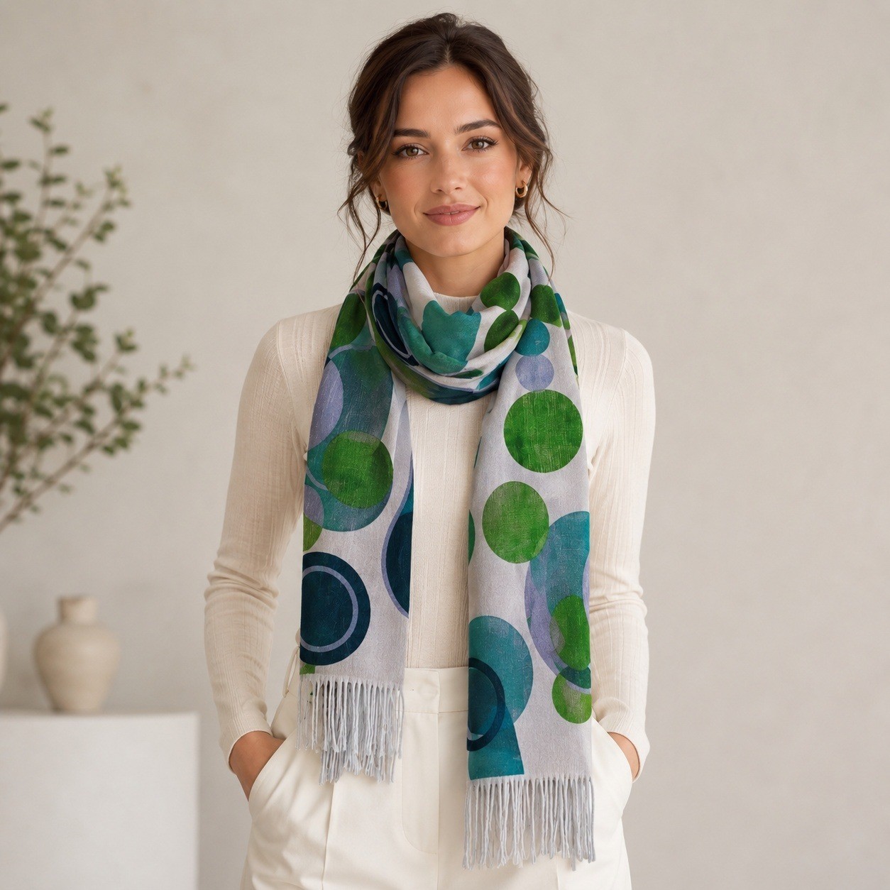 Frank Lloyd Wright Scarf Imperial Circles Blue Green Geometric Fringe Knit NEW