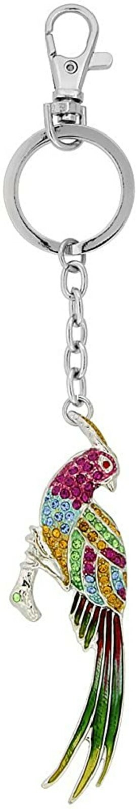 Jeweled Multi Color Bird Pheasant Key Chain Crystal Key Ring 6″ long 33mm Round