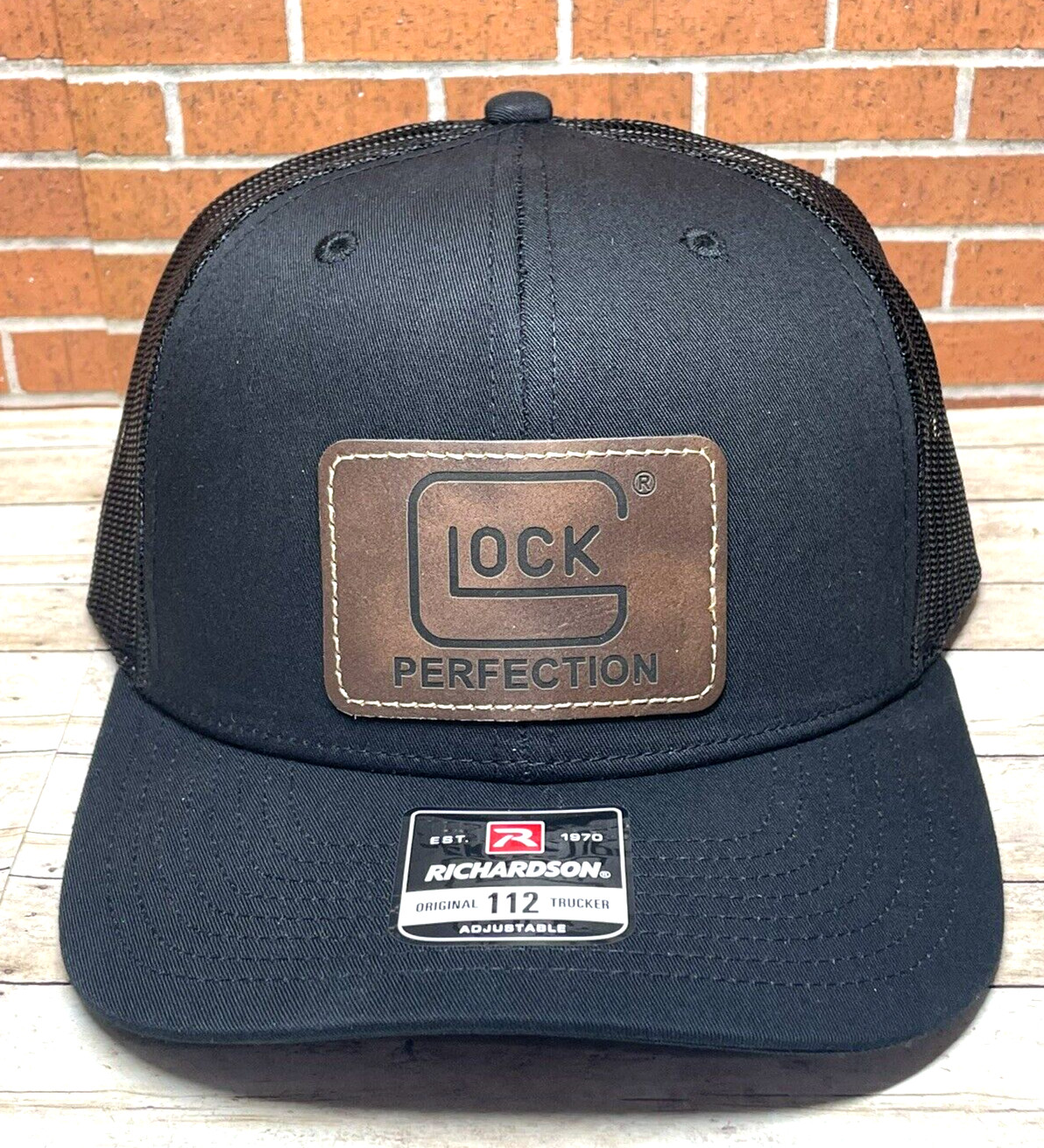 Richardson 112 Glock Leatherette Patch Trucker Hat, Gun Glock Hat, Black
