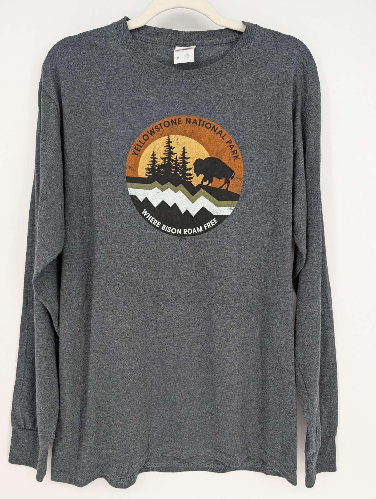 Yellowstone National Park Bison Graphic Charcoal Gray Long Sleeve Tee Retro Knit