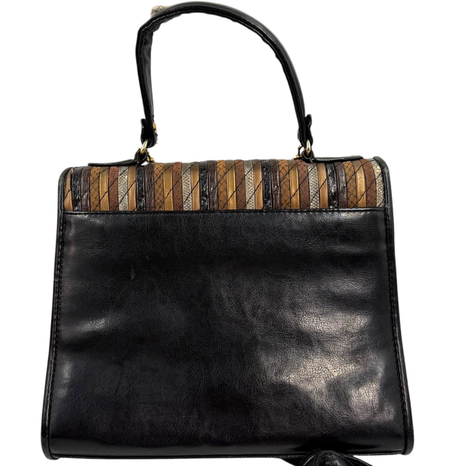 Vtg 80s Multi Patchwork Exotic Skin Satchel Bag Top Handle Gold Clasp Purse