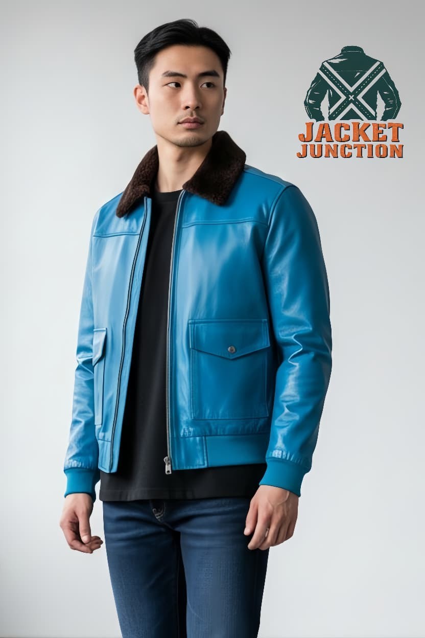 Men’s Lambskin Leather Bomber Jacket Faux Fur Collar Aviator Pilot Coat