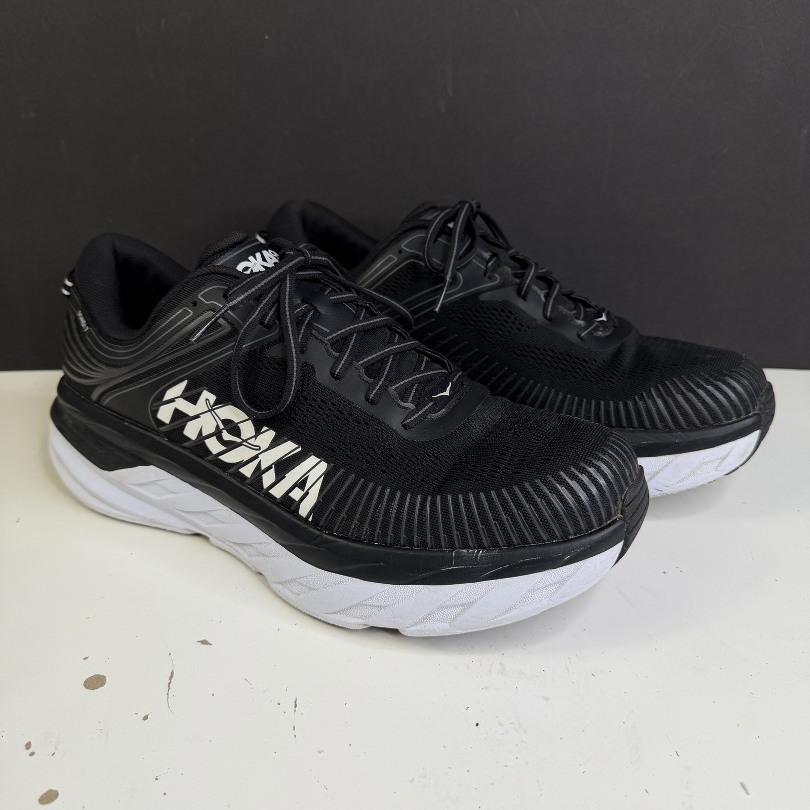 HOKA Bondi 7 Men’s Size 12 Running Walking Gym Shoes Black White 1110518