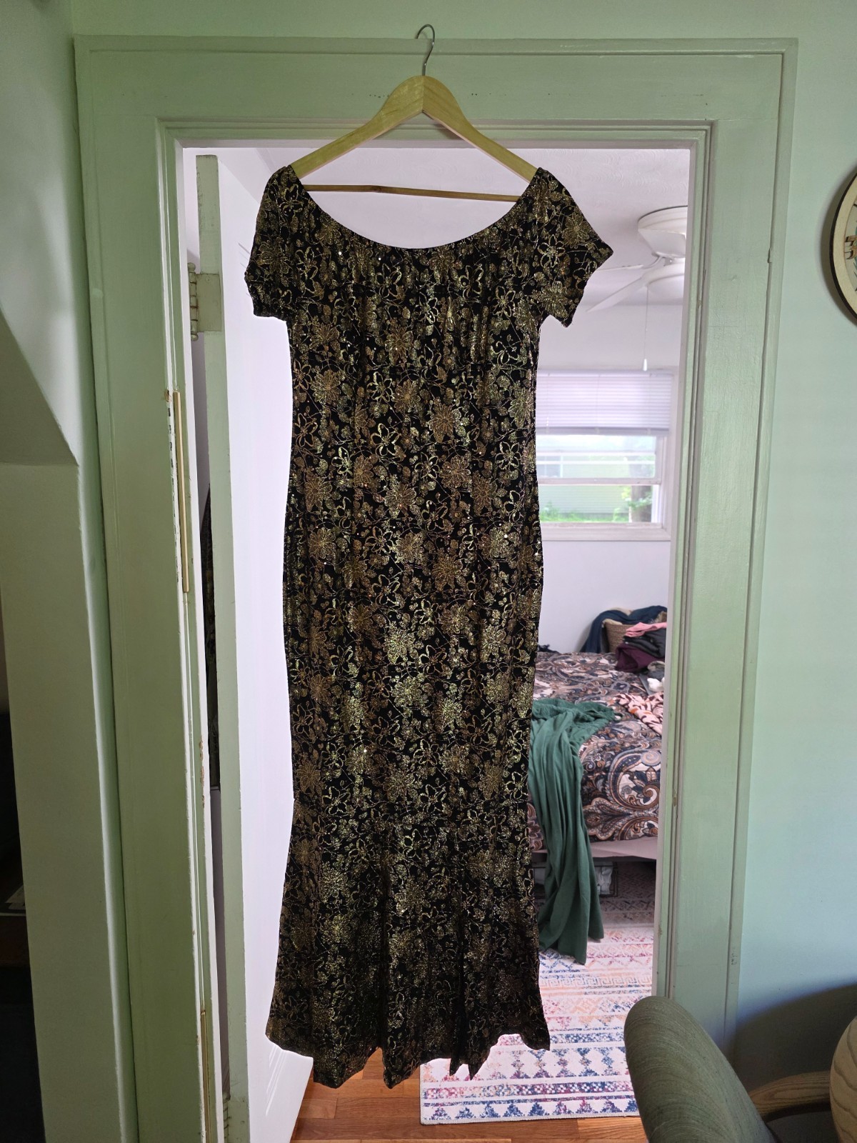 gold embelished black cocktail dress