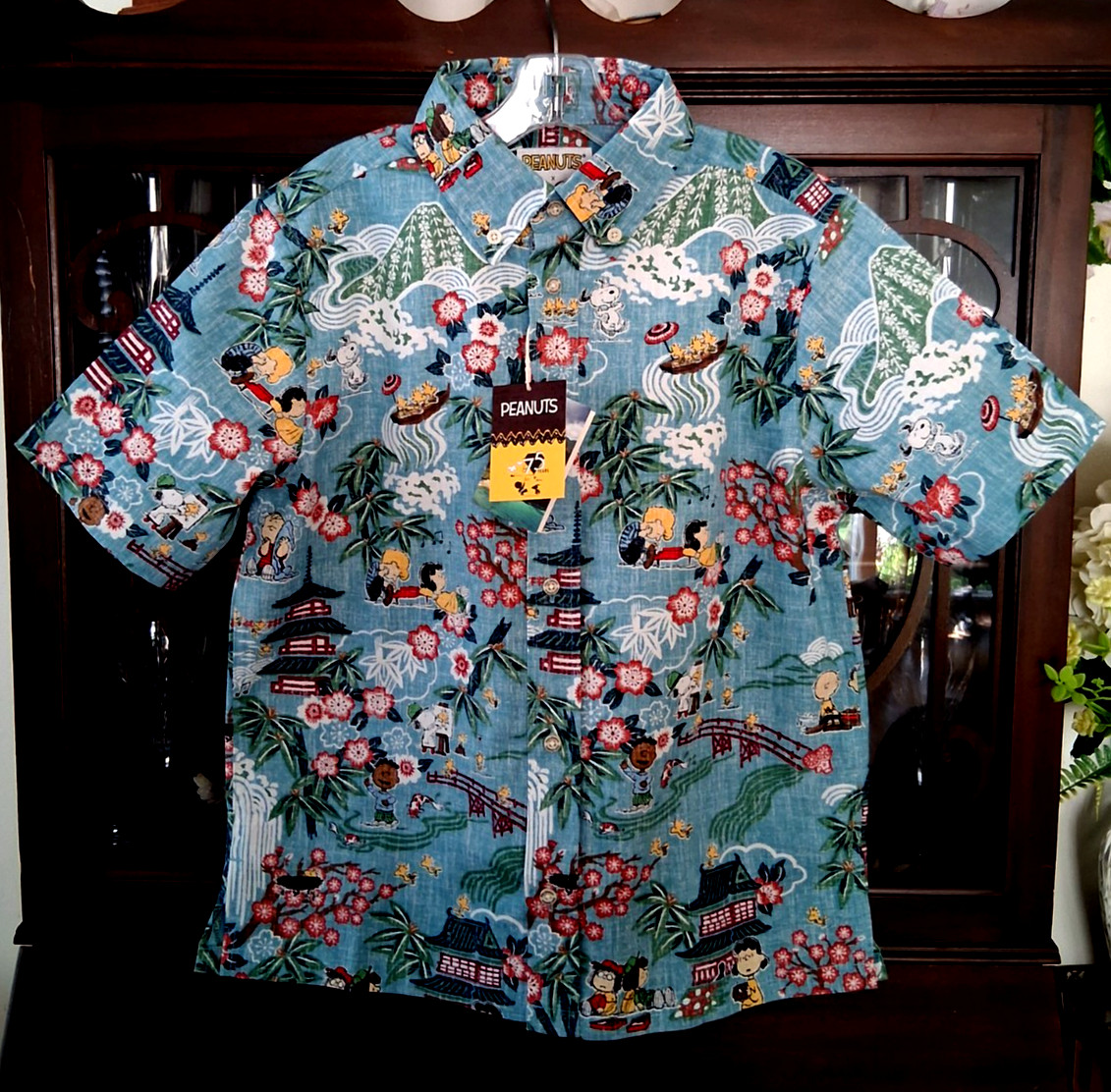 Reyn Spooner Boy’s “PEANUTS IN JAPAN” NWT Aqua Button Front Shirt Sizes