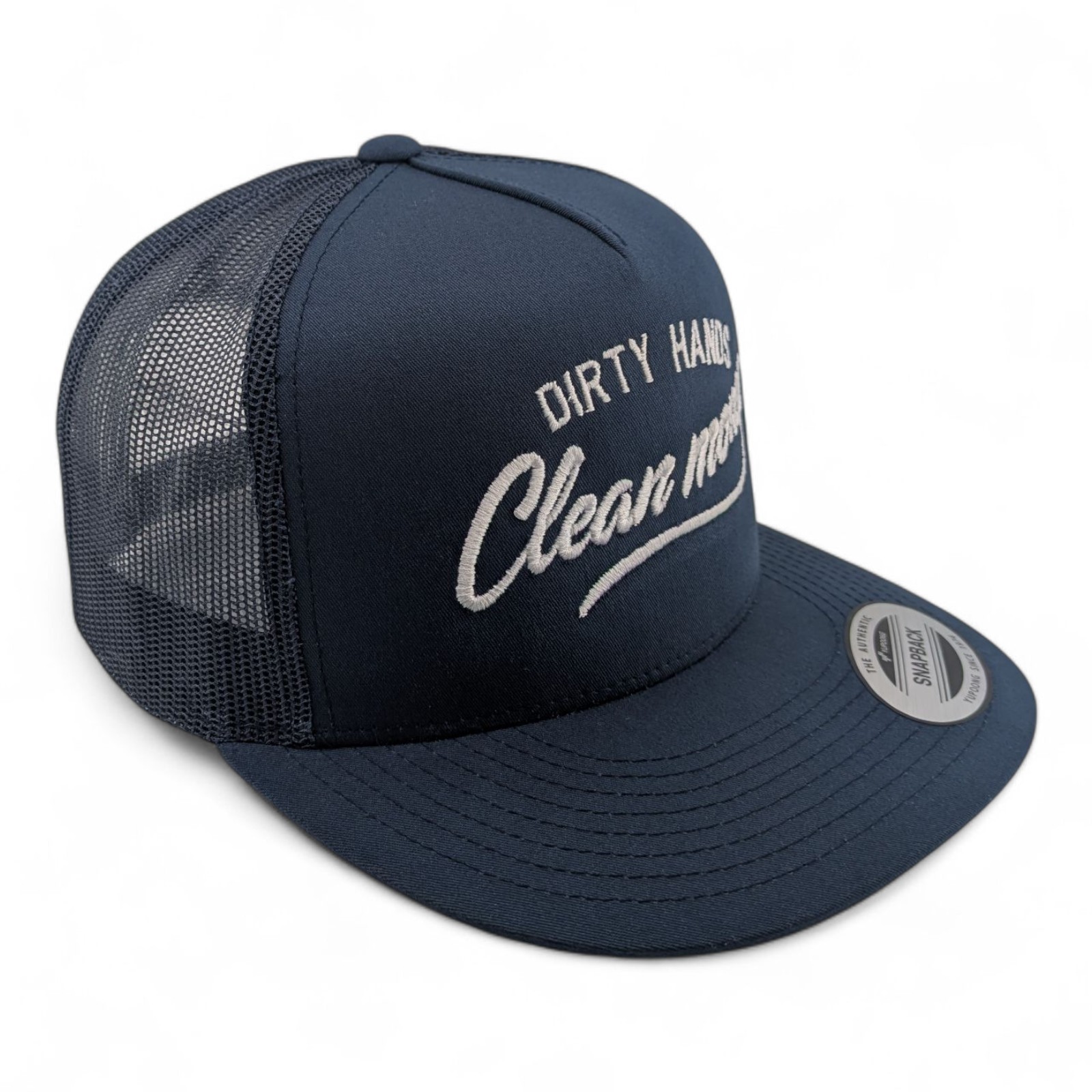 Dirty Hands Clean Money Hat Flat Bill Yupoong Original Snap-Back Blue