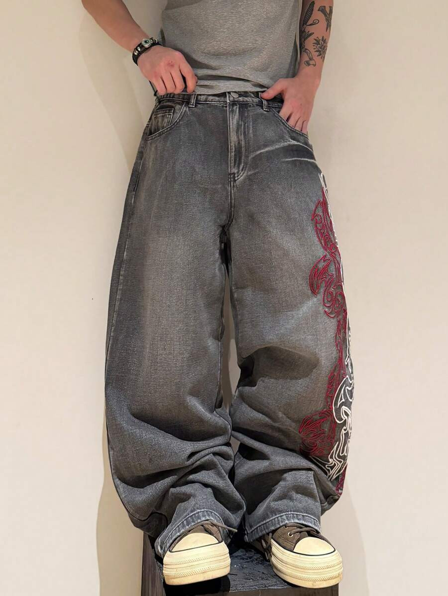 Y2K Streetwear Vintage Harajuku Wide Jeans Mens Hong Kong Floral Embroidery 3D