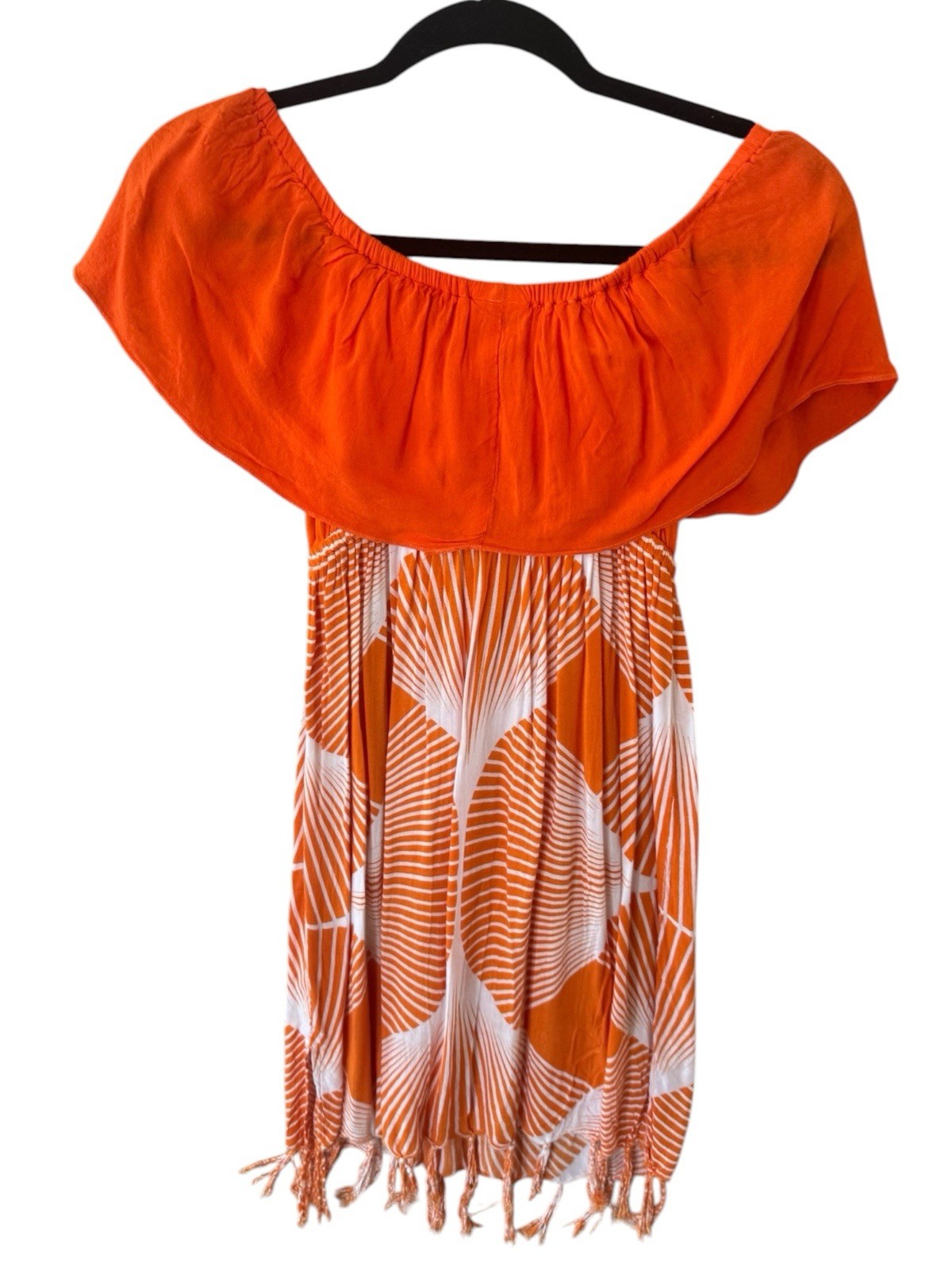 Baldizon Blanca Estela Orange Rayon Off Shoulder Dress Tassel Hem El Salvador
