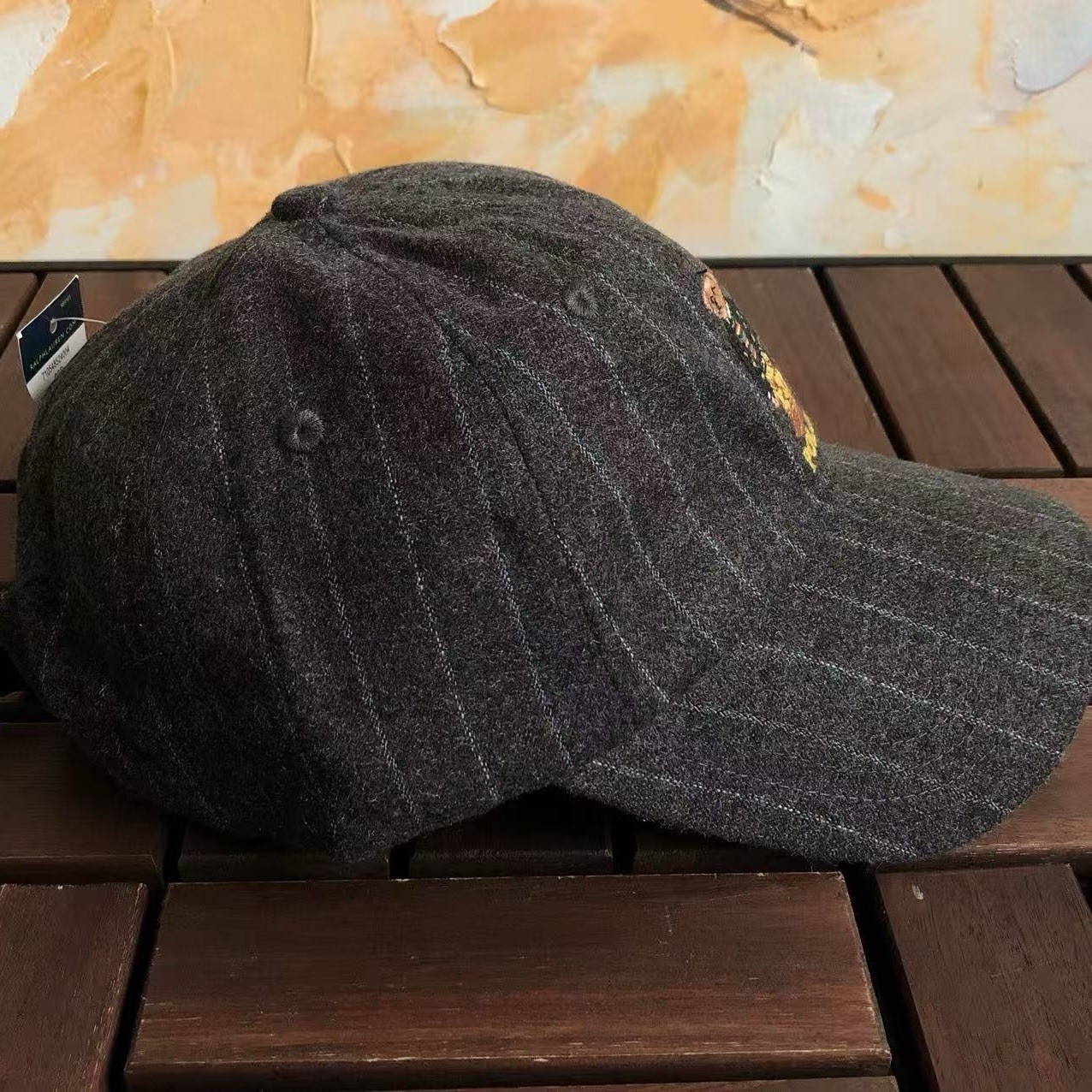 Polo Ralph Lauren Bear Dark Gray Pinstripe Baseball Cap Adjustable Men NEW