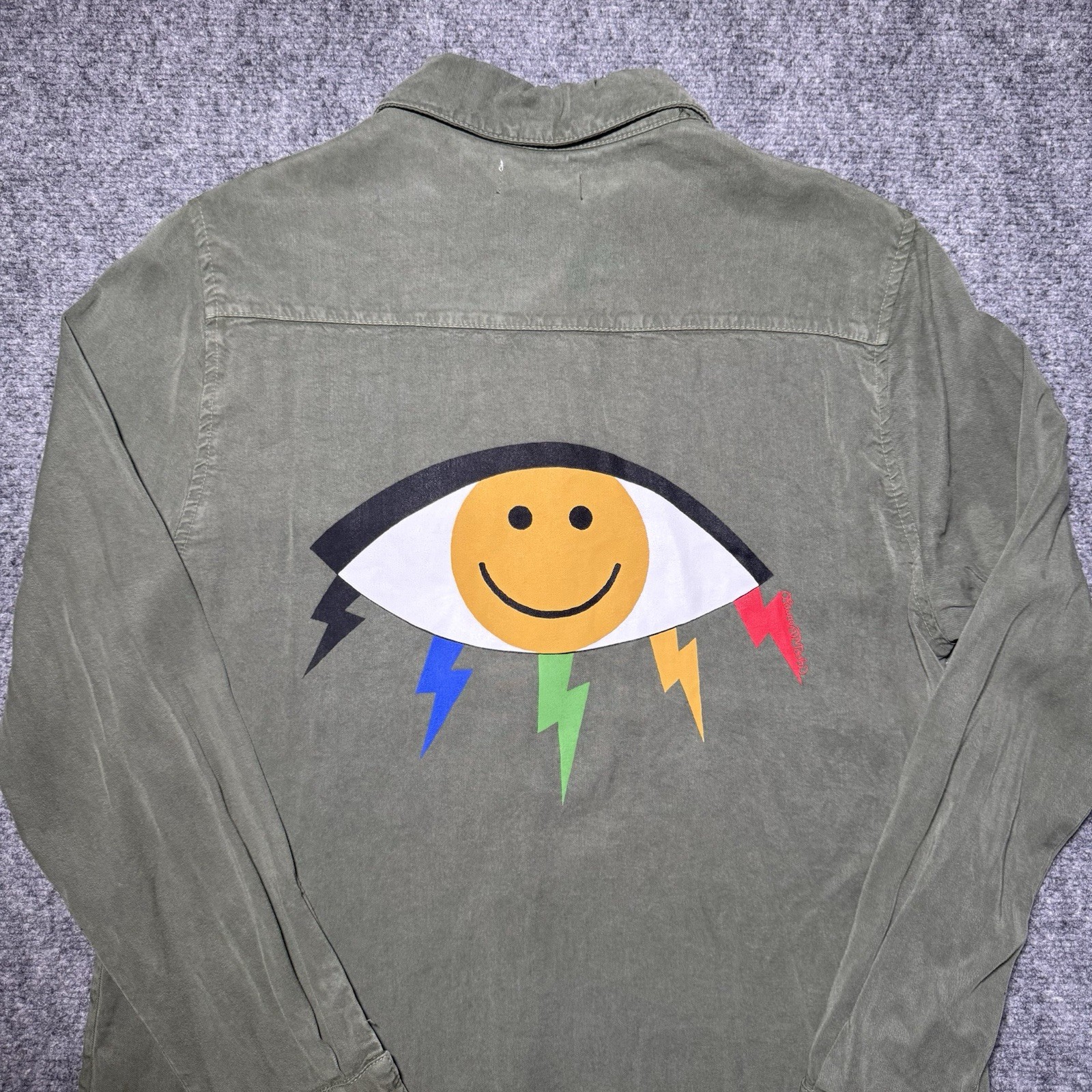 Lauren Moshi Military Green Button Up Shirt Eye Peace Smile Frayed Long Sleeve S