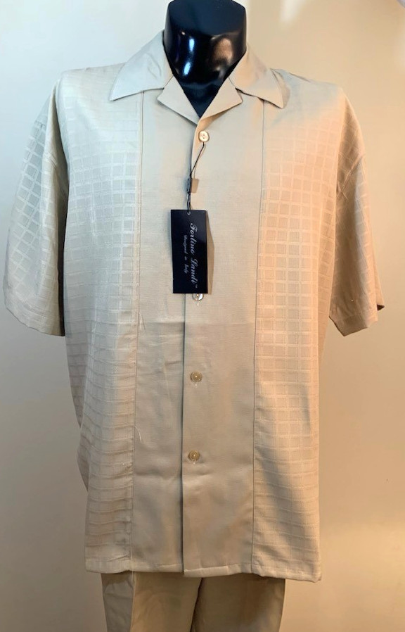 Fortino Landi Mens 2pc Walking Suit Shirt Pleated Pants Set 2XL Beige Plaid 42