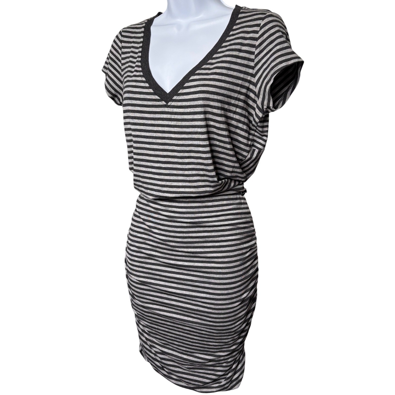 ATHLETA Womens Gray Striped Ruched Blouson Dress S Stretch Casual Sporty-Chic