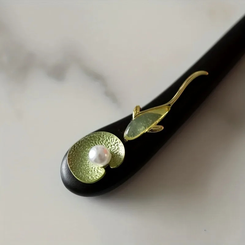 1pc Chinese Style Hair Stick: Black Wood with Gold, Green & Pearl Accents, Intri