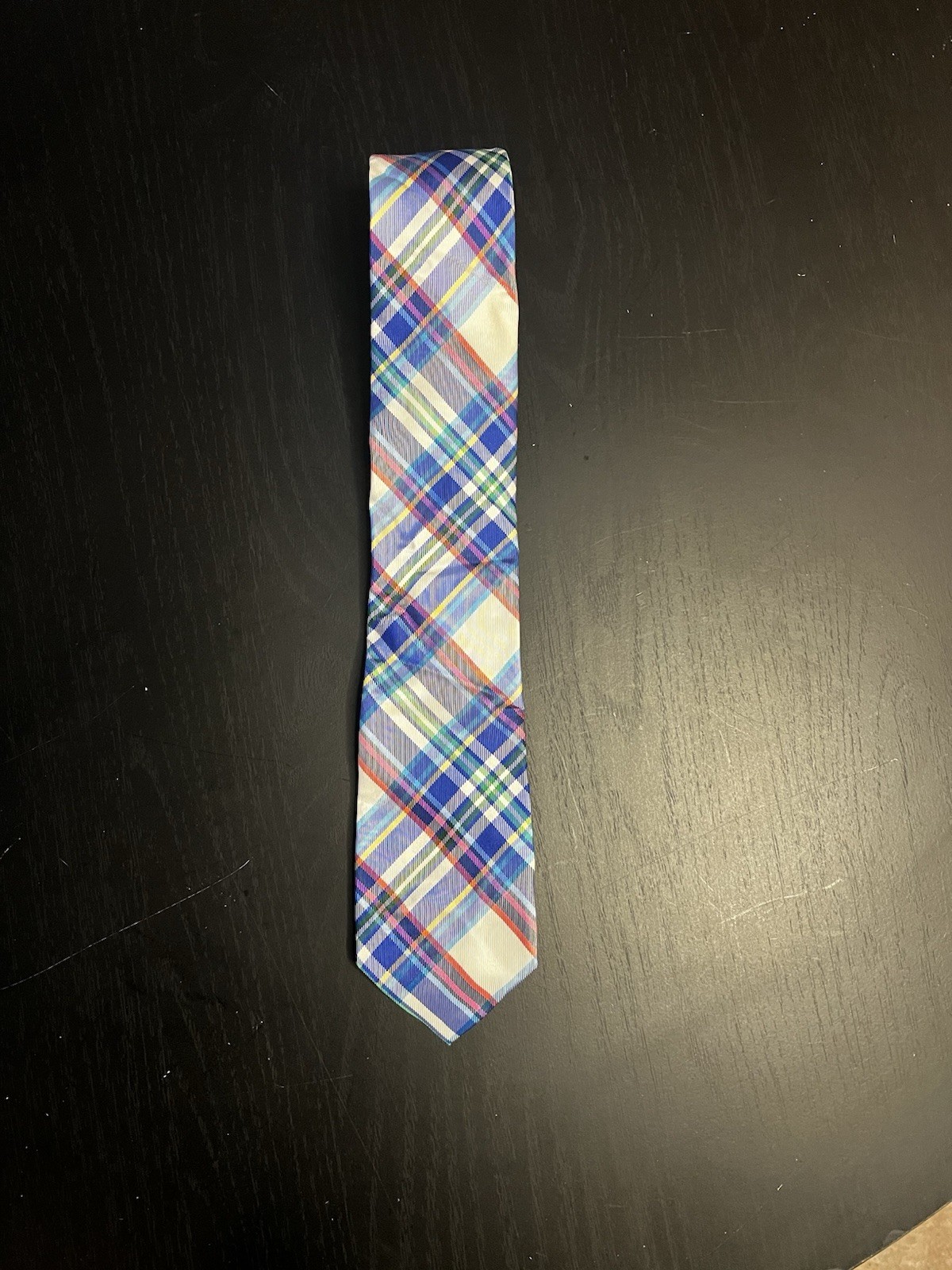 Express Men’s Tie Blue White Red Green Plaid Slim Skinny Woven Necktie