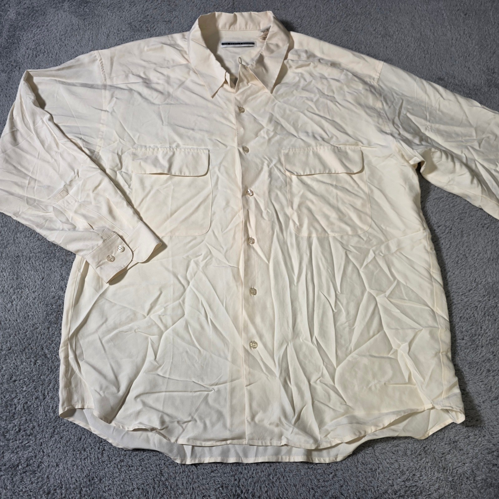 Fenn Wright & Manson Mens Large Button Down Shirt Cream 100% Silk Utility Pocket