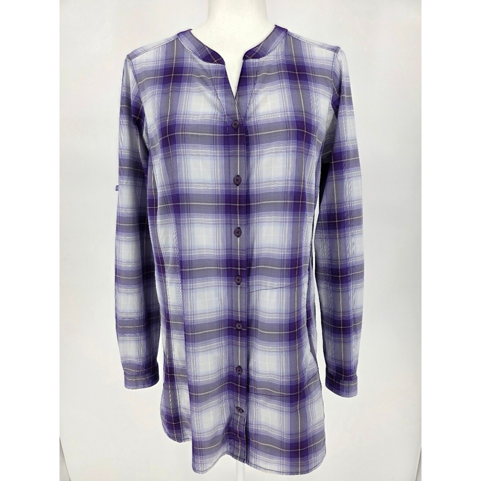 Duluth Trading Women’s Small Purple Plaid Vented Fishing Shirt Roll Tab Sleeve