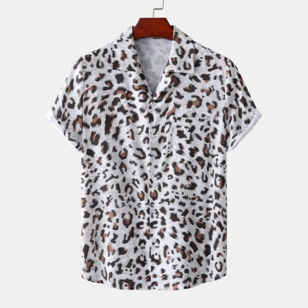 Men’s Leopard Print Oversized Short Sleeve Button-Up Shirt with Lapel