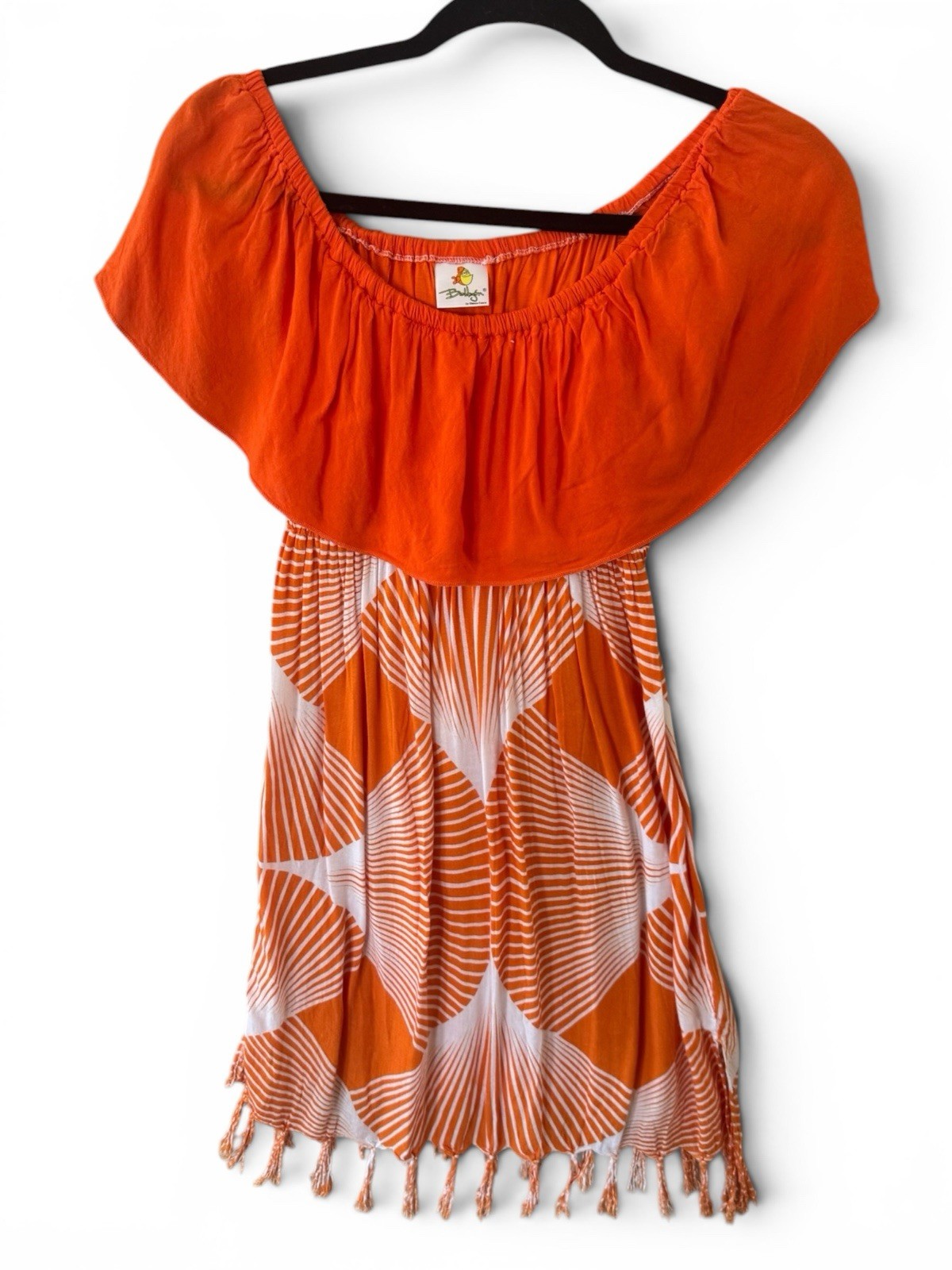 Baldizon Blanca Estela Orange Rayon Off Shoulder Dress Tassel Hem El Salvador