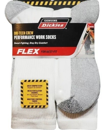 DICKIES FLEX DRI-TECH CREW PERFORMANCE WORK SWEAT FIGHTING SOCKS 6-12 3 PAIRS
