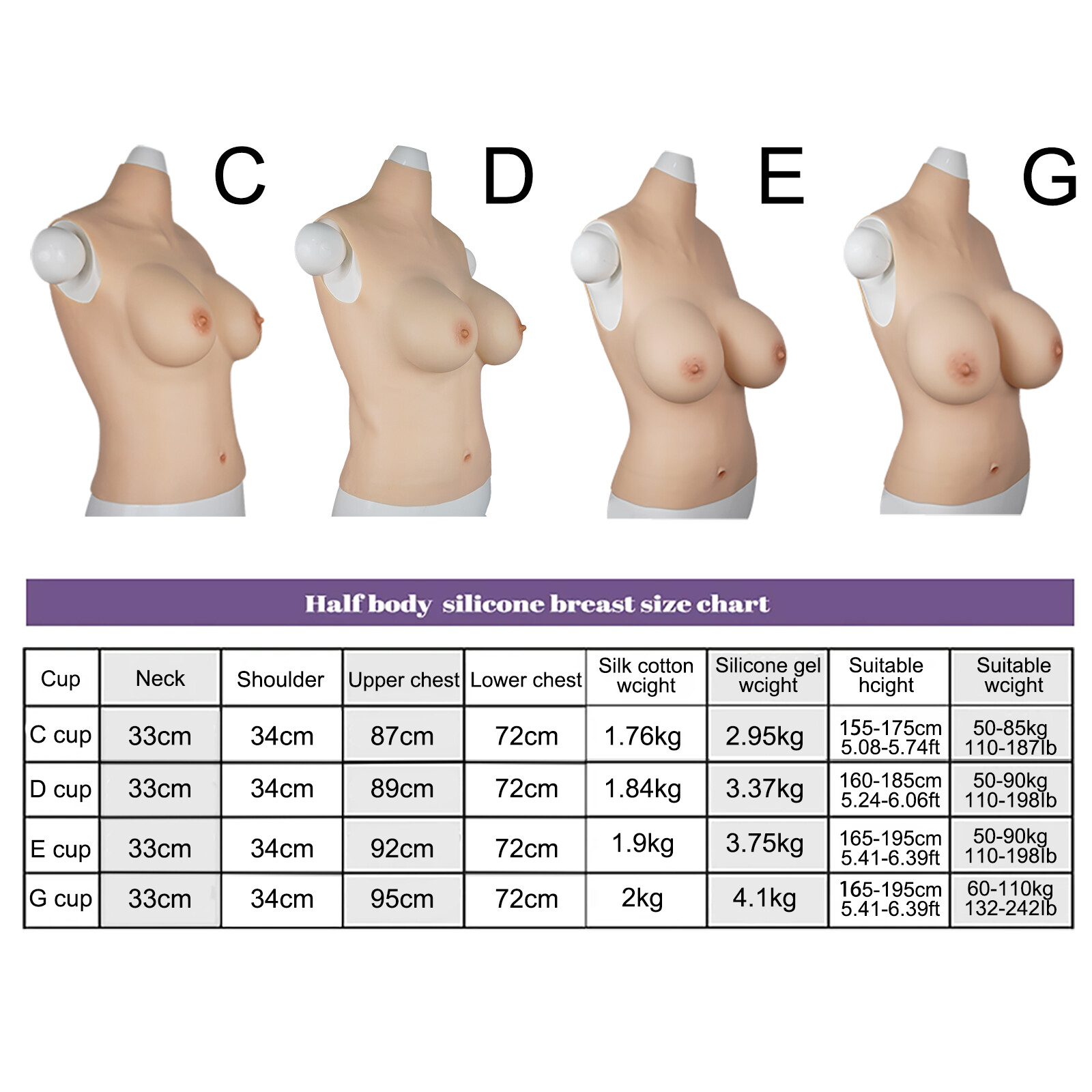Half Bodysuit Silicone Breast Forms Breastplate Fake Boobs C-G CUP Crossdresser