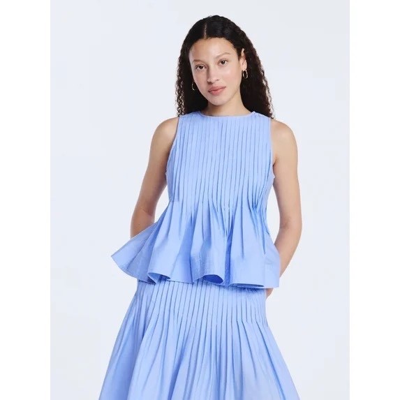 Free Assembly Small Blue Sleeveless Pintuck Pleated Blouse Classic Silhouette