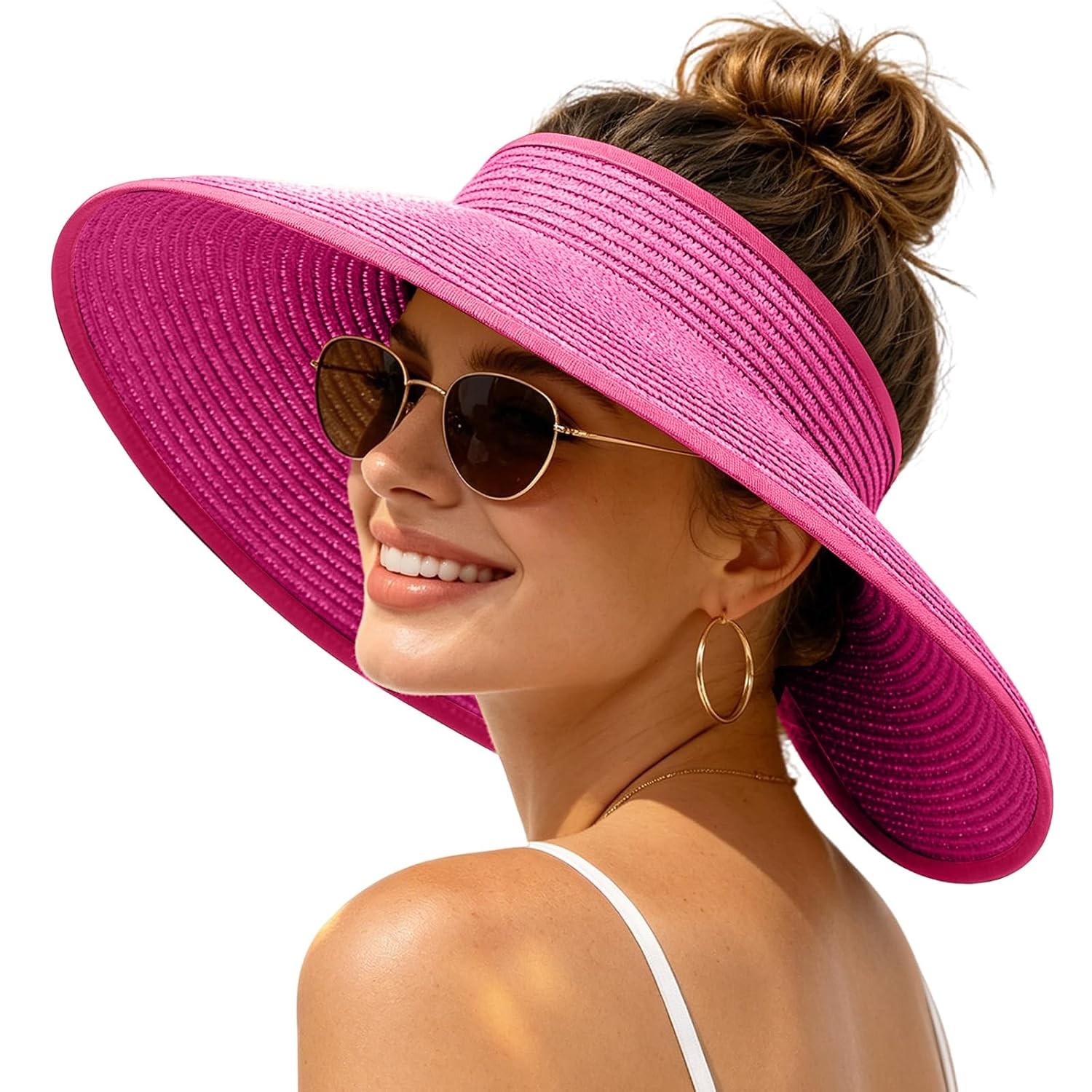 Sun Hats Visor for Women, UV UPF Straw Beach Hat Foldable Wide Brim Ponytail Sum