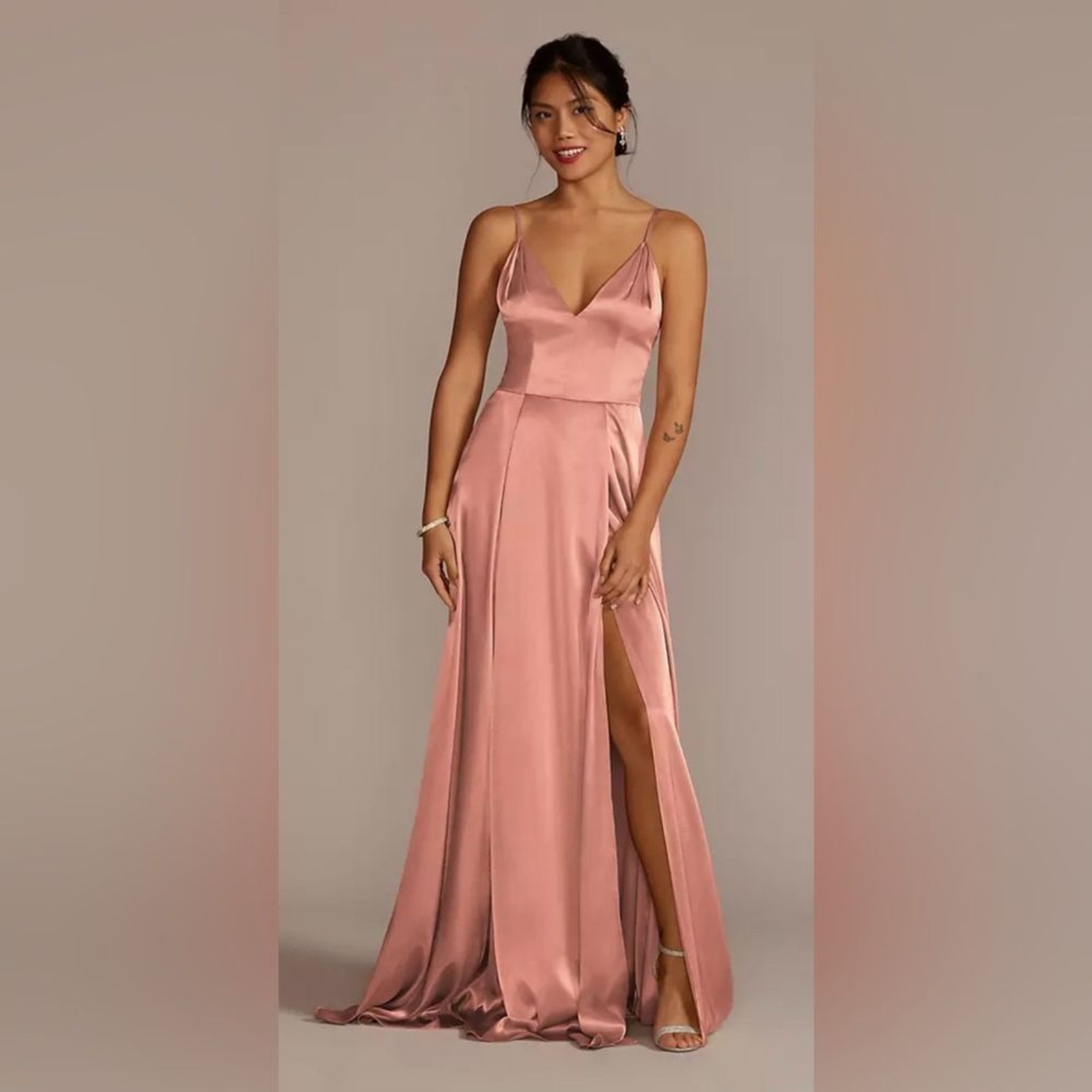 David’s Bridal Galina Signature Charmeuse Deep V-Neck A-Line Dress Dessert Coral