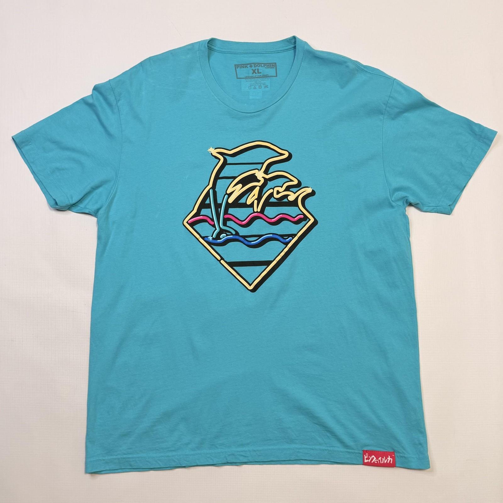 Pink Dolphin Shirt Mens XL Blue Neon Palm Tree Wave Graphic Surf Beach Tee