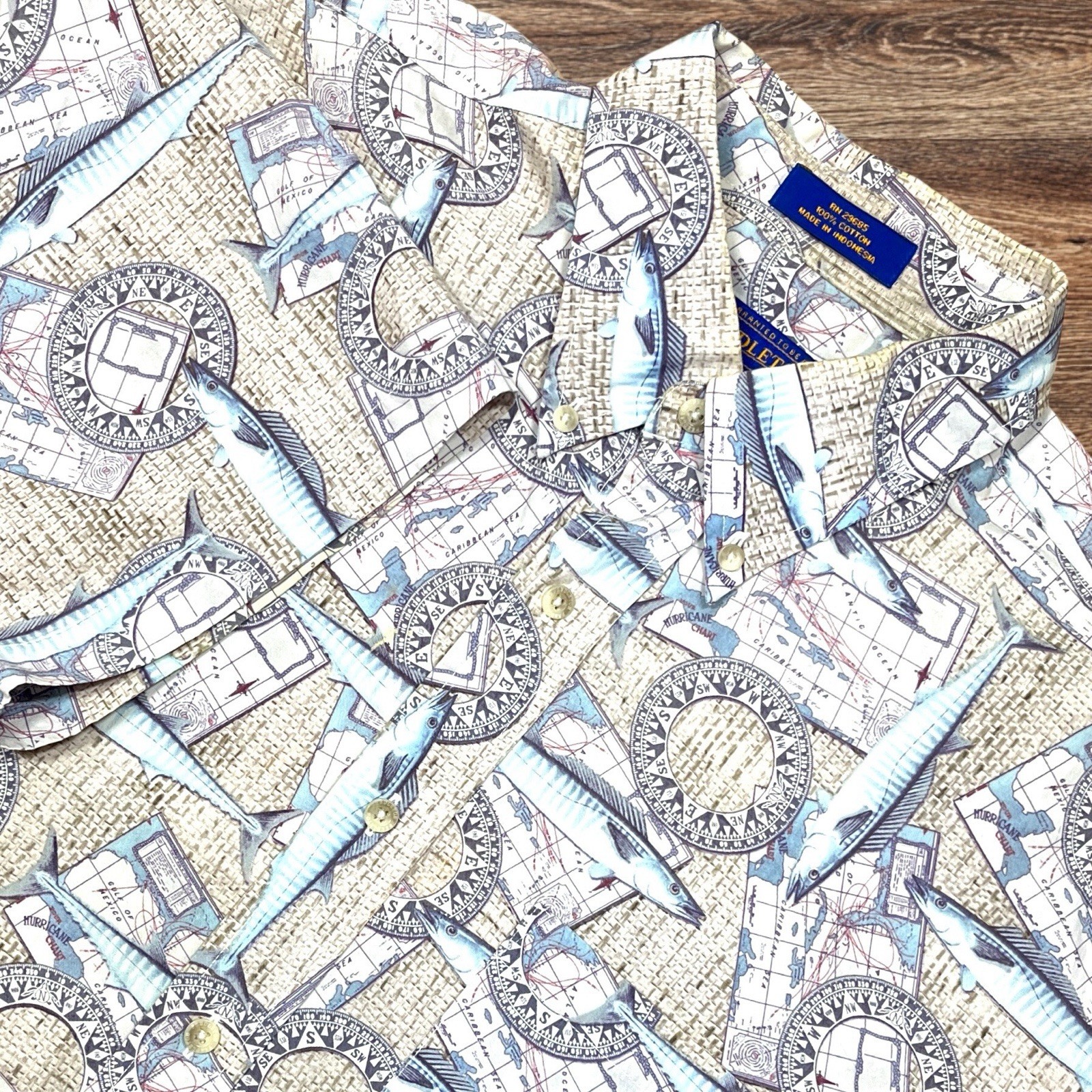 Pendleton Cotton Short Sleeve Button Up Shirt Mens L Fish Nautical Compass Print