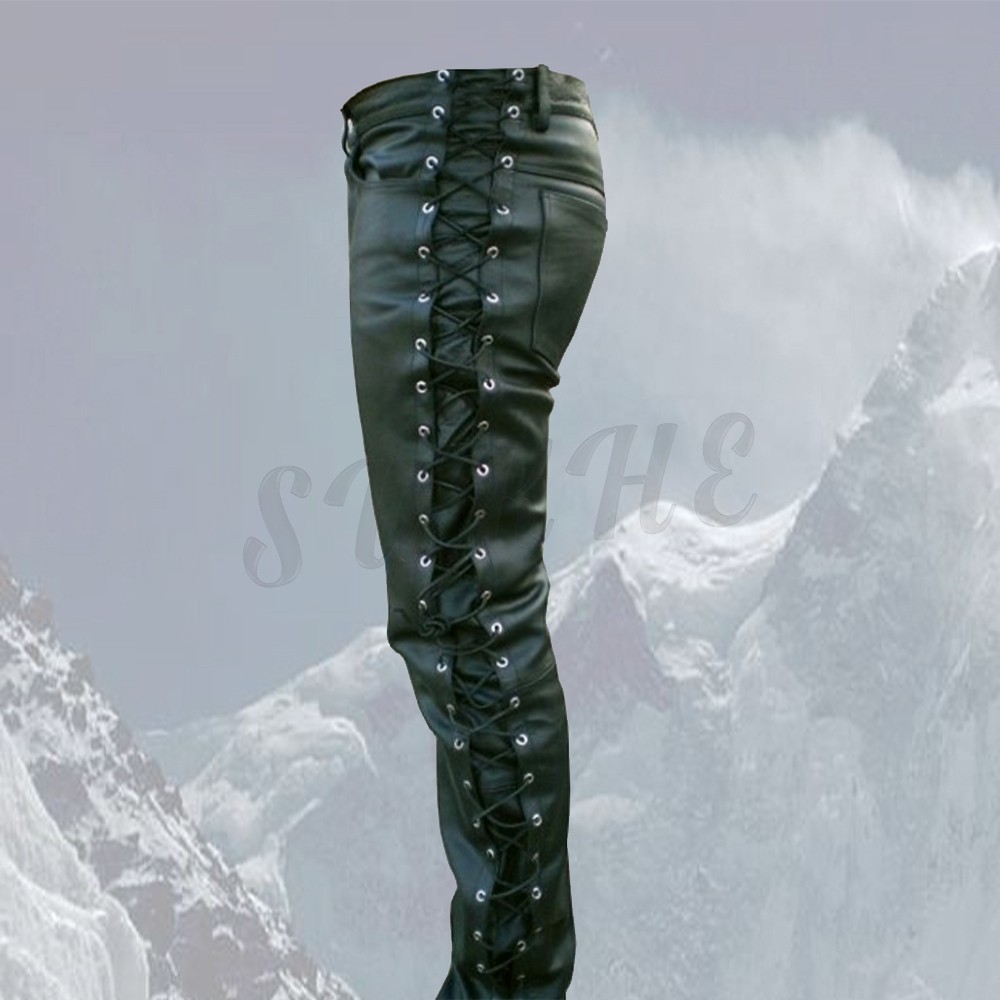 Full Side Leg Laces Men’s Genuine Leather Pants Five Pockets Jeans Style New