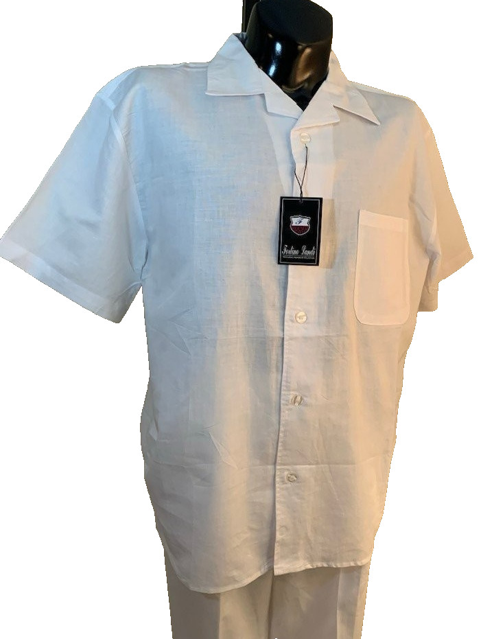 Fortino Landi Mens 2pc Walking Suit Linen Shirt Pleated Pants Set 2XL White 42