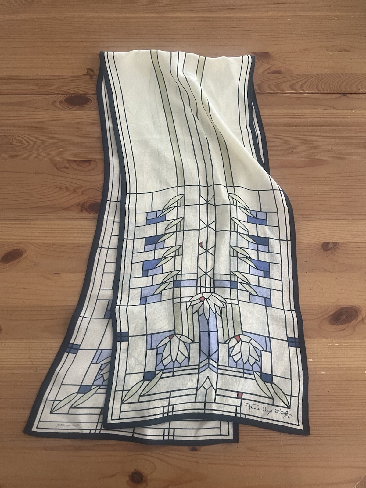 Frank Lloyd Wright Silk Oblong Scarf Stained Glass Art Deco 48×10 Vintage