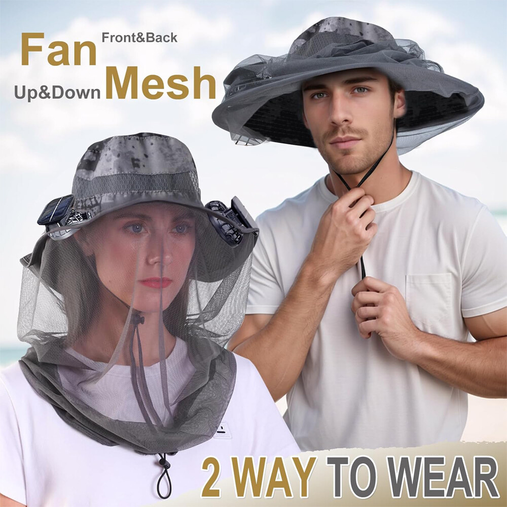 Solar Fan Hat With Mosquito Net Men Wide Brim Fishing Outdoor Bucket Sun Hat Cap