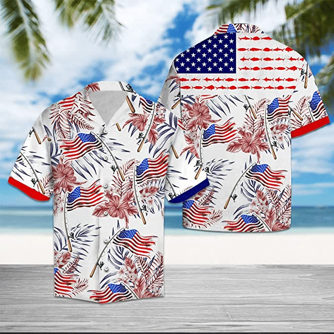 Fishing Flag 4th Of July Patriotic American Flags Aloha Unisex Hawaiian Shirt