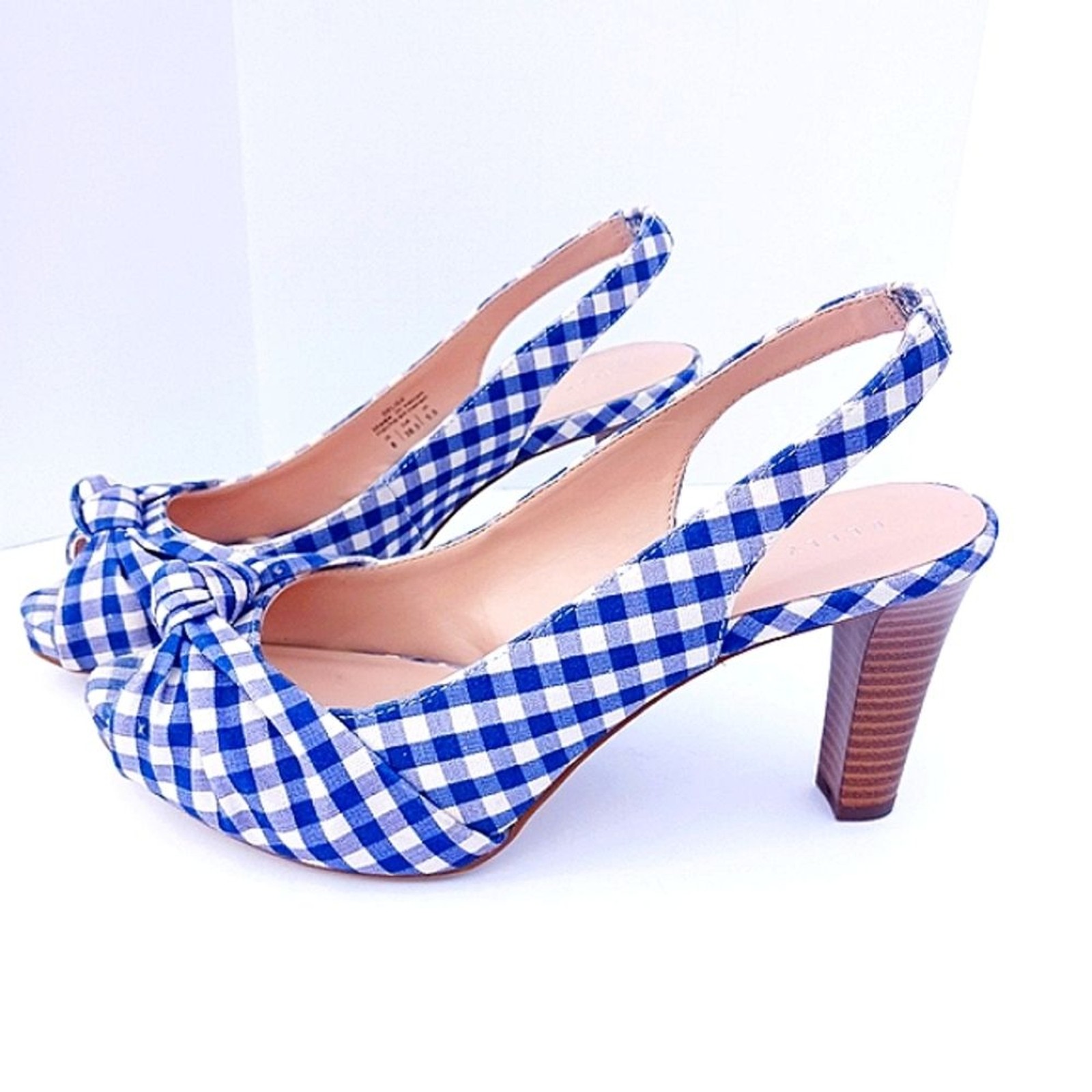 GINGHAM SHOES blue white peep toe SZ 8 3.5″ stacked heel slingback sandal