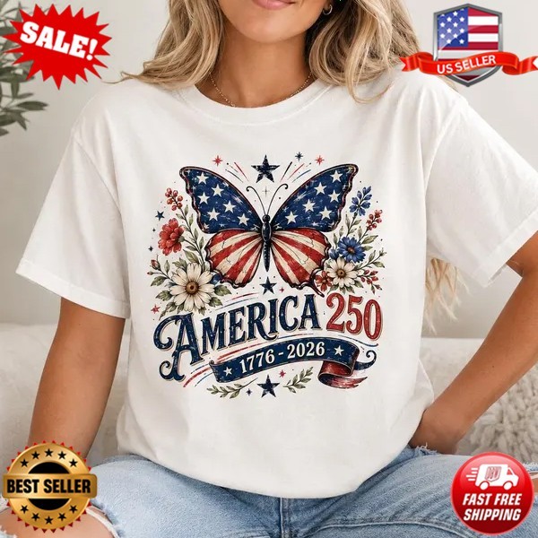 Patriotic Butterfly Shirt, America 250 Tee, 4th of July Floral T-Shirt | S-5XL
