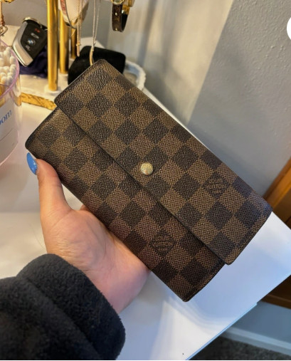 Auth Louis Vuitton Damier Ebene Portefeuille Sarah Long Wallet Brown W/Bag & Box