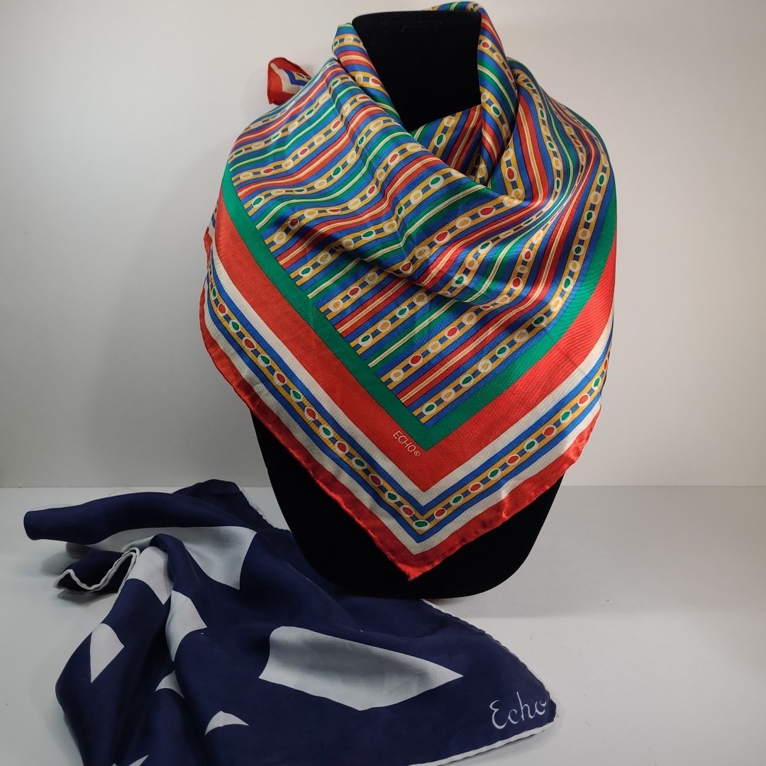 2 ECHO Scarves Striped Blue White Geometric Red Green Blue Yellow 25″ Square