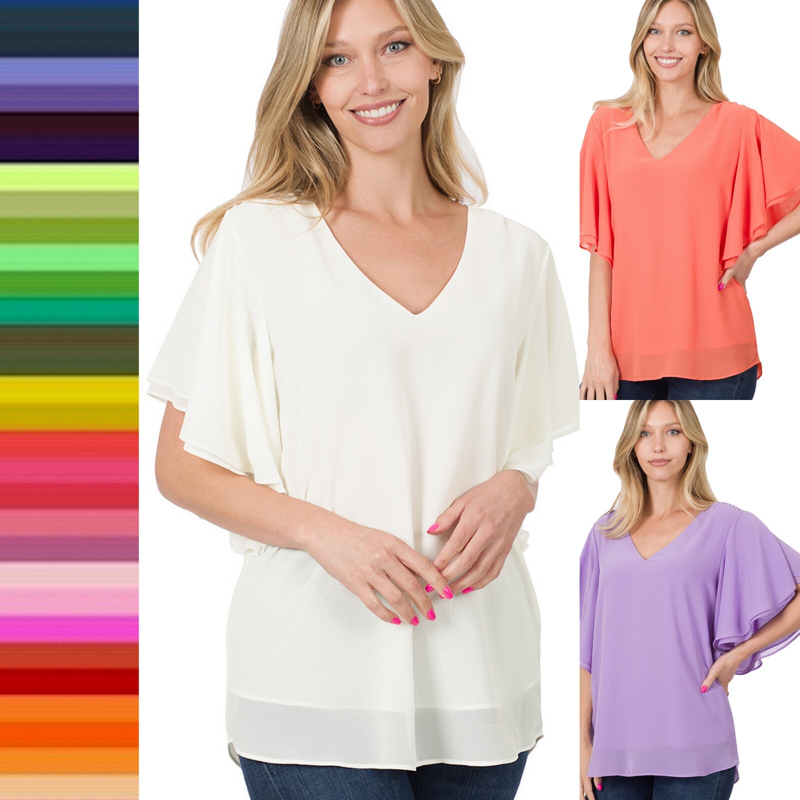 Women V Neck Waterfall Short Sleeve Chiffon Blouse Woven Top Soft Flowing Fabric