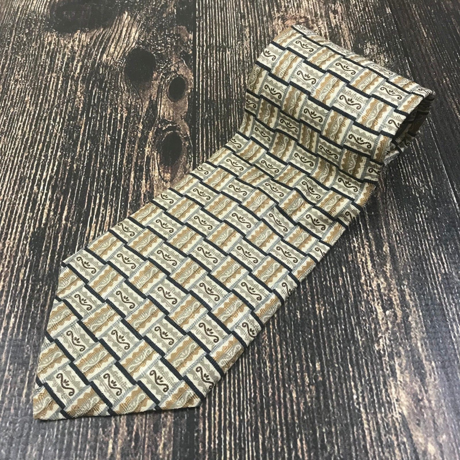 CLAIBORNE Greek Check Print Tie Silk Cravat USA Made Understated Style