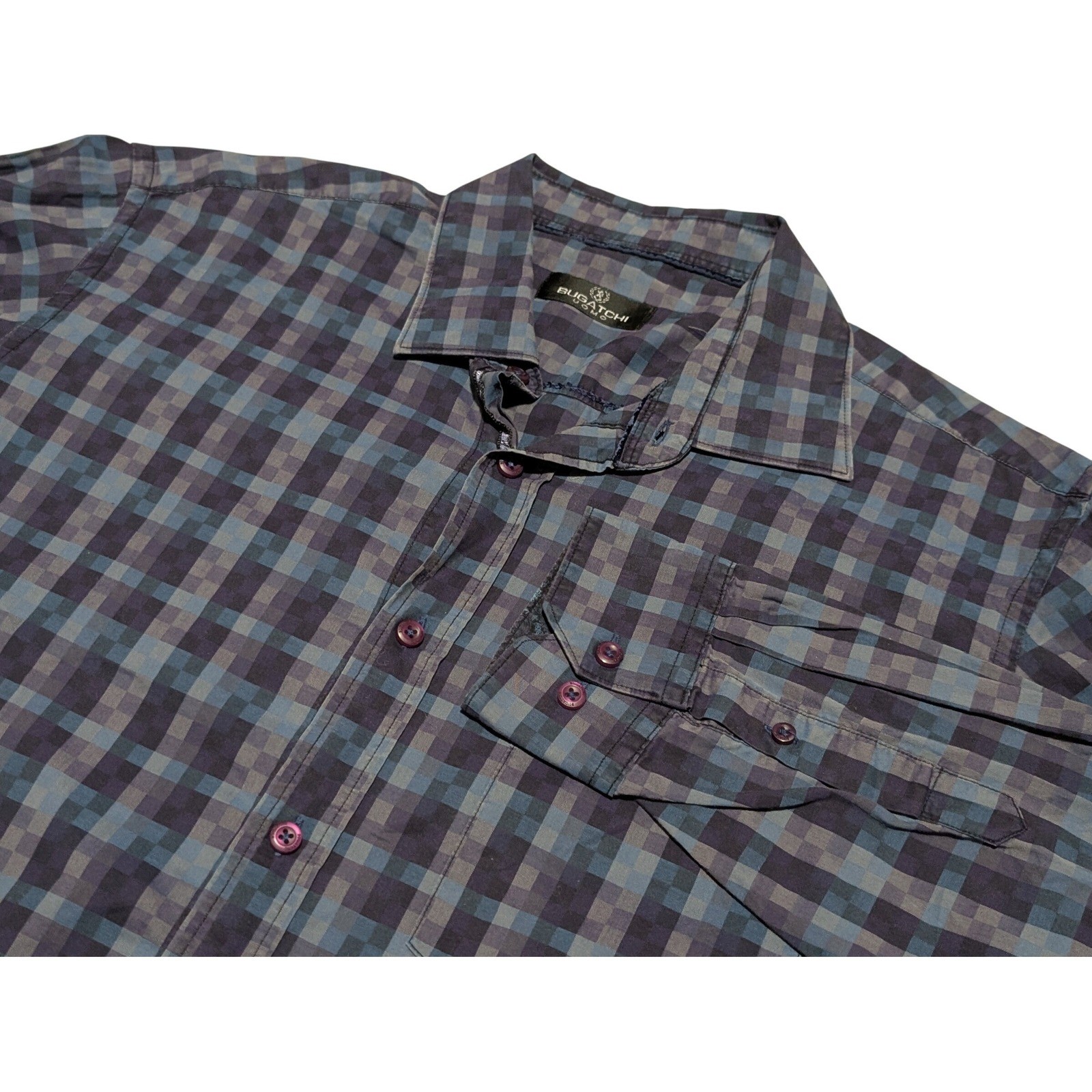 Bugatchi Button Down Shirt Mens XL Blue Purple Check Uomo Cotton Long Sleeve
