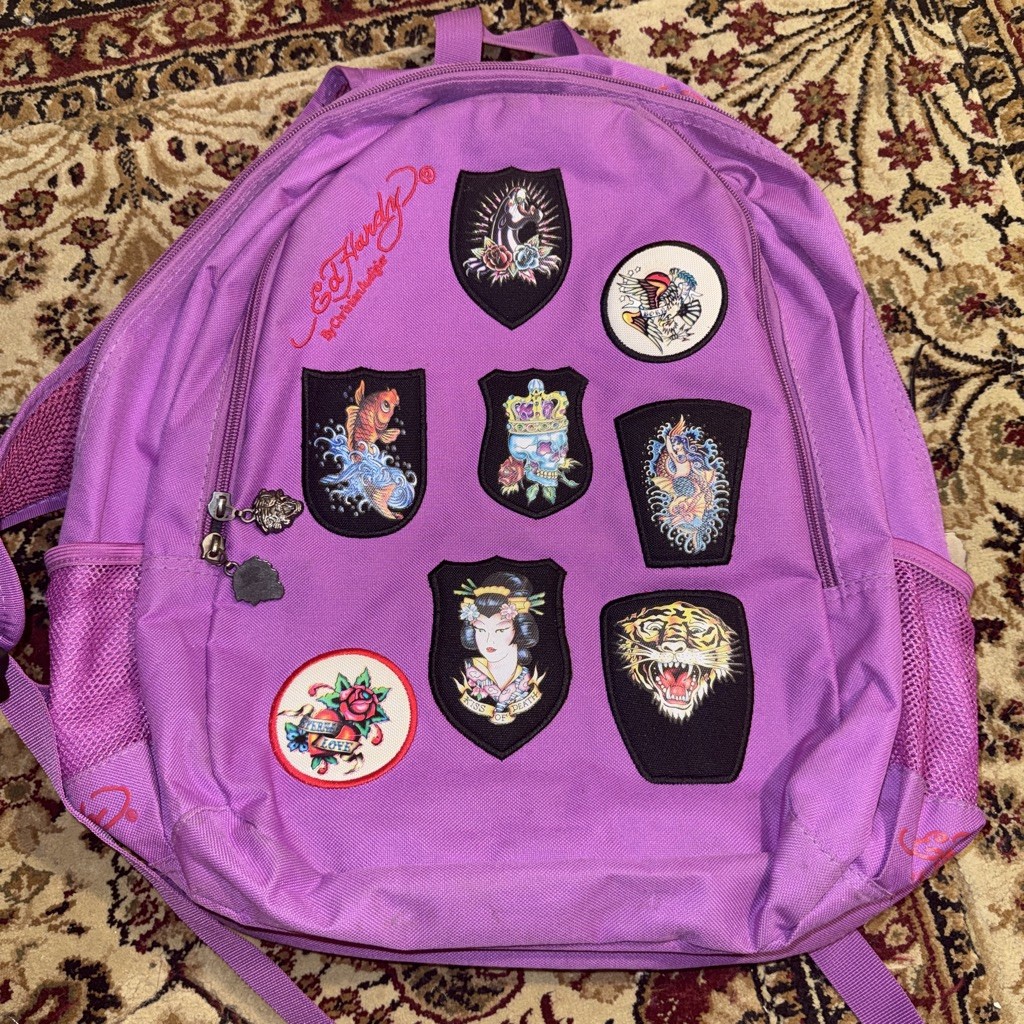 Vintage Ed Hardy Y2K Spell Out PINK Backpack Christian Audigier Tattoo Patches